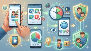 Imagen de guía visual paso a paso para activar y configurar el control parental en Android, mostrando el proceso de límites de apps, tiempo de pantalla y seguridad para niños